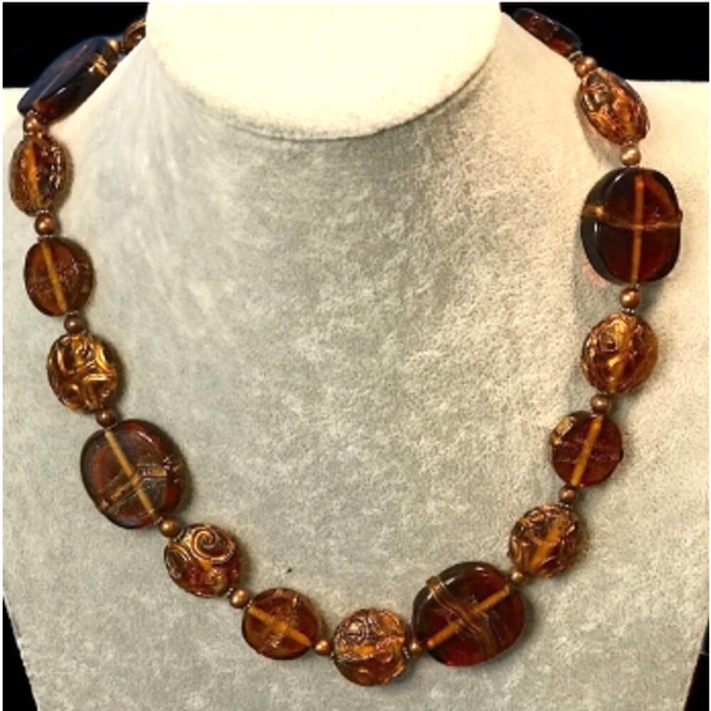 20” necklace with pearls, brown glass beads, gold